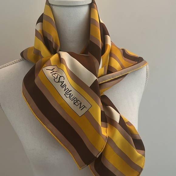 YSL Yves Saint Laurent Yellow Striped Scarf 30”x30” - Picture 8 of 11